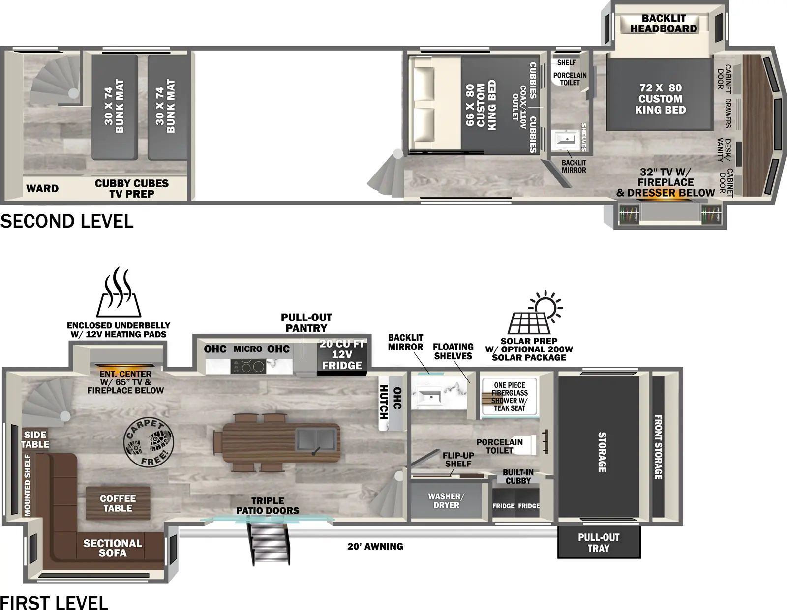 The Hemisphere Fifth Wheels ROOST43 has one entry and five slide outs. Exterior features include: fiberglass exterior and 20' awning. Interiors features include: loft, kitchen island, front bedroom, two bedrooms and rear living.